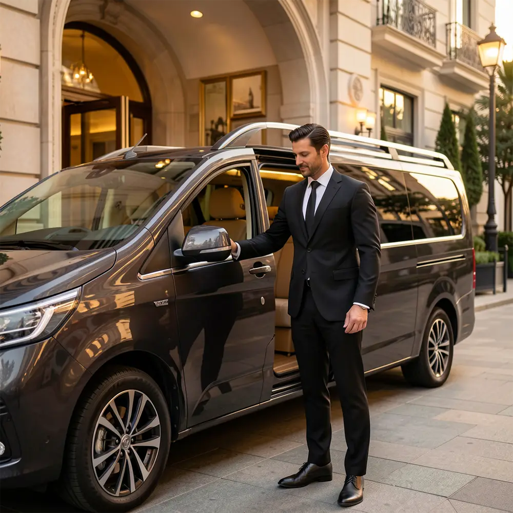 Elegant mink coat display at the best quality fur and leather brand in Istanbul boutique. Private chauffeur Istanbul waiting outside a luxury hotel for a complimentary hotel pickup. Handcrafted leather jackets at a high-end fashion house in Zeytinburnu Istanbul. Elite fashion transport vehicle for a stress-free luxury boutique transfer Luxury shopping experience.
